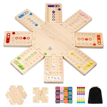 Wooden Board Game, Family Party Game for 2 to 8 Players, Includes 3 Hubs, 32 Marbles and 16 Dice