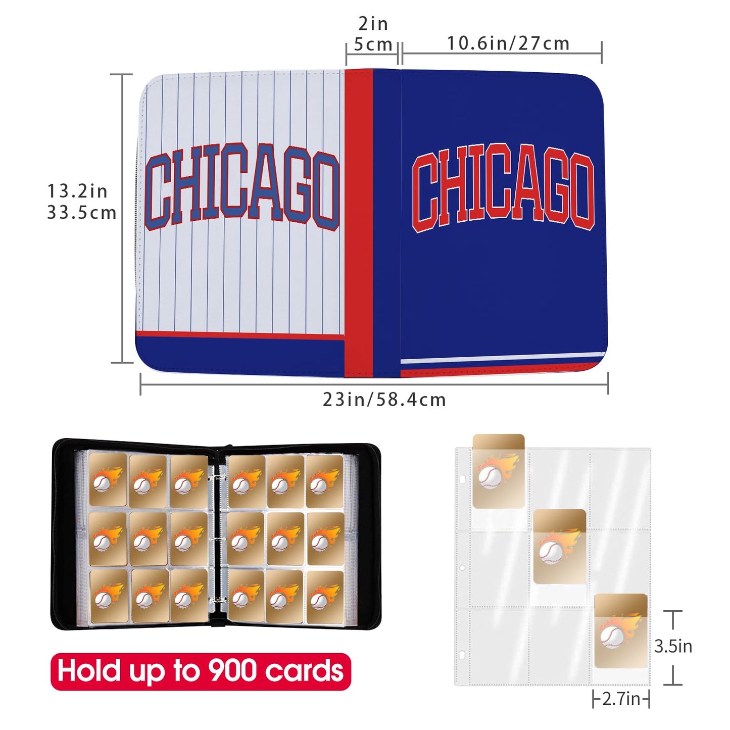 Baseball Card Binder With Sleeves 900 Pocket, Chicago Card Holder for Trading Cards, Collector Album, Sports Card 3 Ring Storage Book Folder Organizer