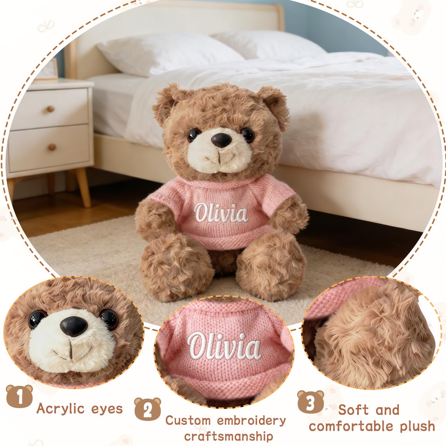 aoemgnj Personalized Teddy Bear with Custom Embroidered Name, 10/12/16 Inch Soft Plush Stuffed Animal, Valentine's Day Birthday for Girlfriend