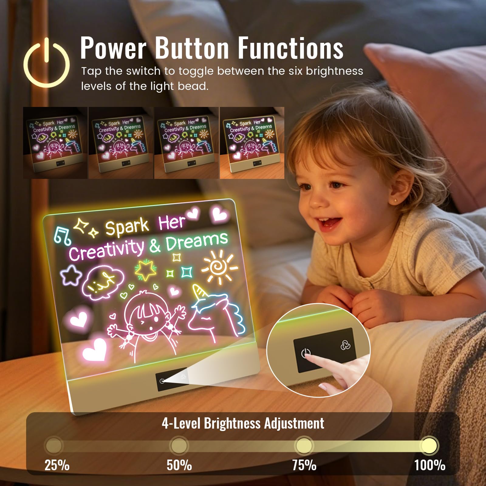 16" Rechargeable Led Drawing Board for Kids, 3 Modes & 8 Colors Glow Doodle LED Note Board, Neon Light Up Dry Erase Board with Built-in Stand, Girls