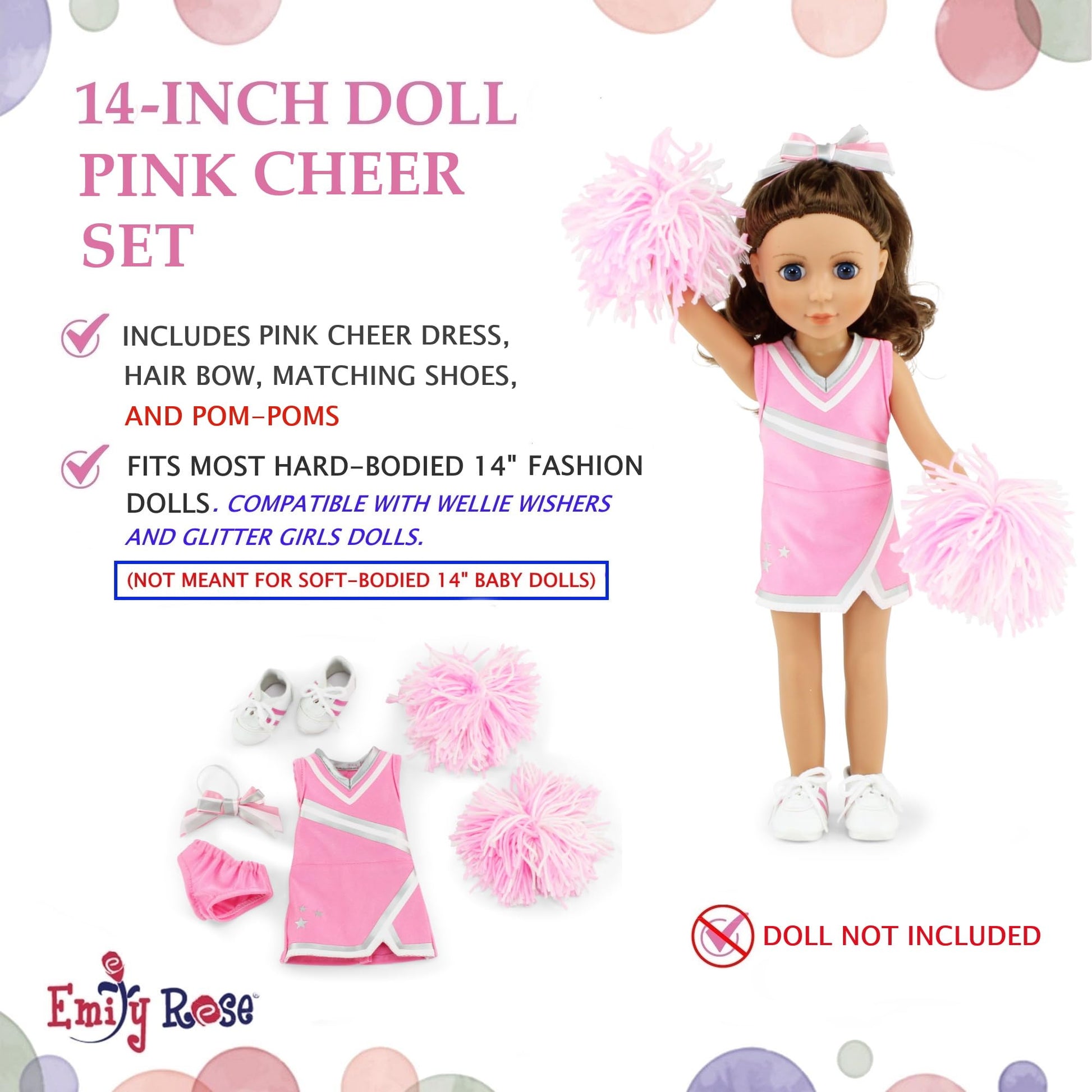 Emily Rose 14 Inch Fashion Doll Clothes 5-PC Pink Cheer Cheerleader Outfit, Includes Pom-poms, Bloomers, Hair Tie and Shoes | Halloween Costume