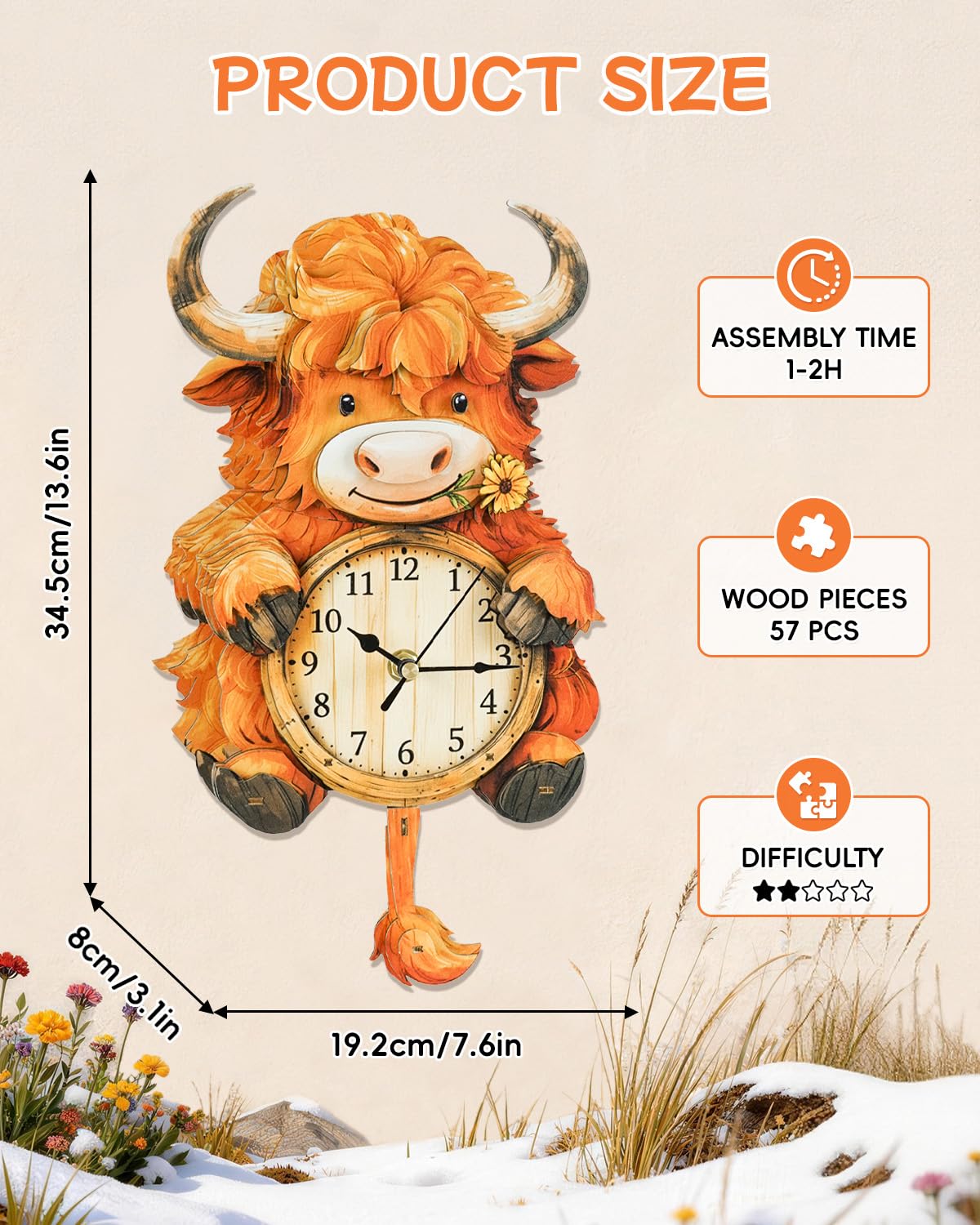 Rnfinewow 3D Puzzles for Adults, Highland Cow Clock Kit with Pendulum, 3D Wooden Puzzles Model Kit Home Decor DIY Wall Clock Highland Cow Puzzle