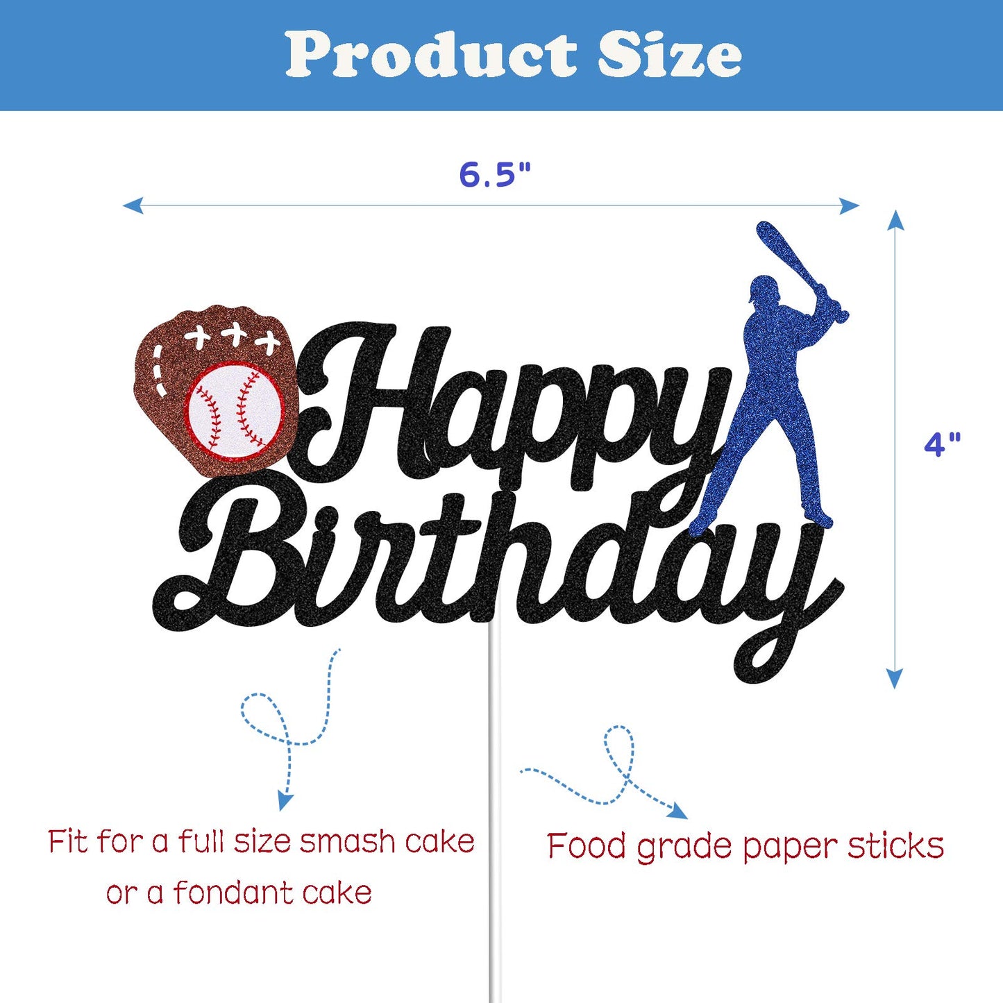 Baseball Theme Cake Topper - Happy Birthday Cake Topper for Birthday/Baseball/Sports Party Theme Decoration (Black Glitter)