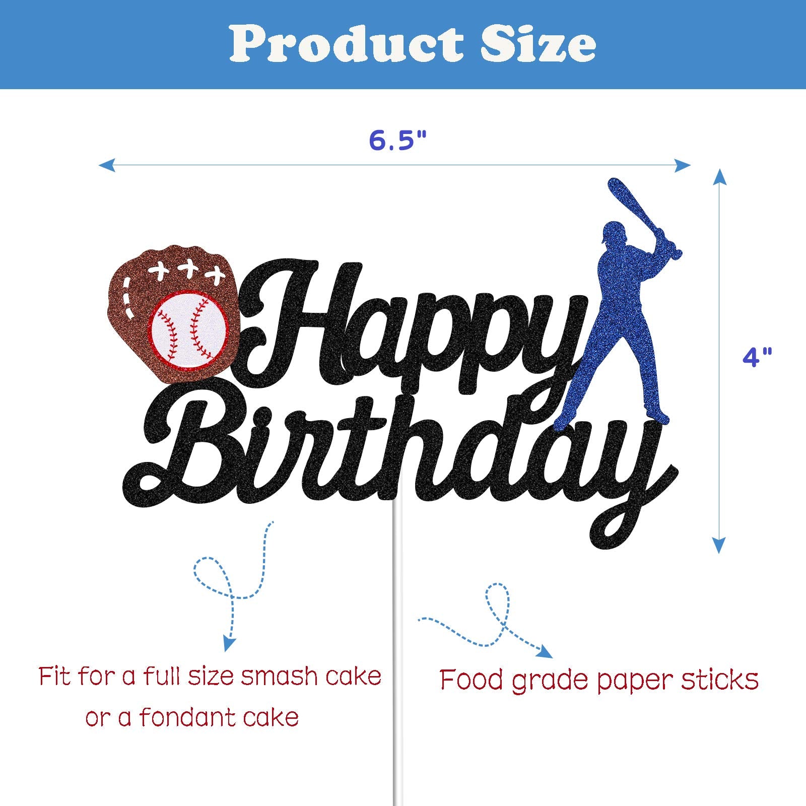 Baseball Theme Cake Topper - Happy Birthday Cake Topper for Birthday/Baseball/Sports Party Theme Decoration (Black Glitter)