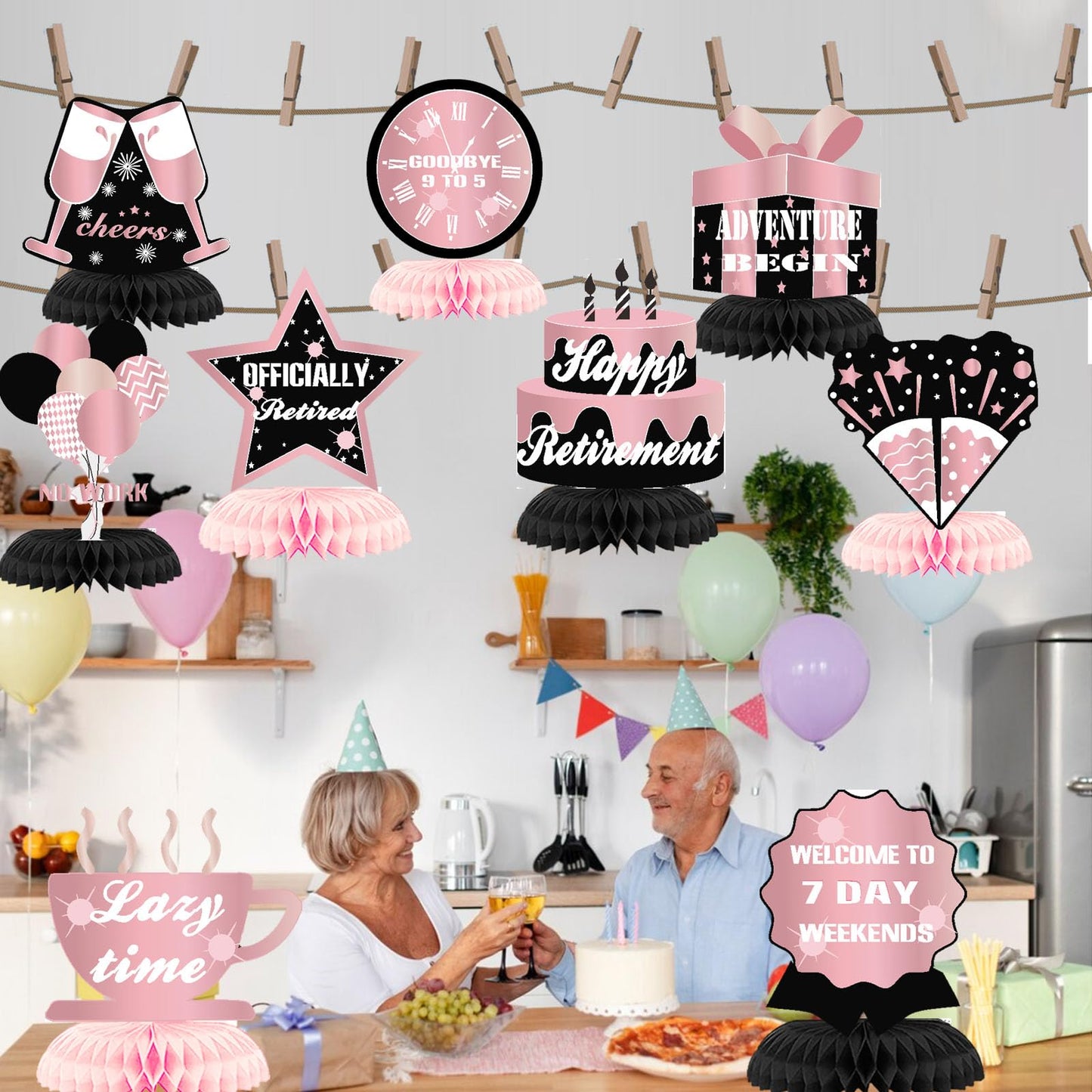 9Pcs Pink Black Happy Retirement Decorations Table Honeycomb Centerpieces Party Supplies Rose Gold Black Retirement Adventure Awaits Sign for Women