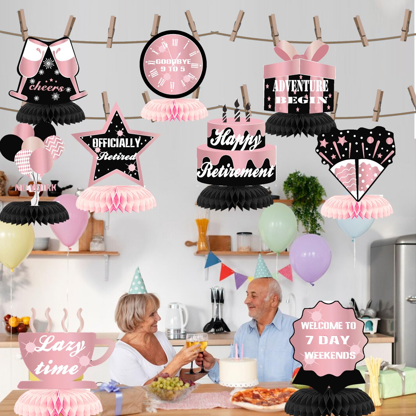 9Pcs Pink Black Happy Retirement Decorations Table Honeycomb Centerpieces Party Supplies Rose Gold Black Retirement Adventure Awaits Sign for Women
