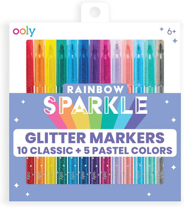 Ooly Rainbow Sparkle Glitter Markers Set of 15, Includes 5 Pastel & 10 Classic Color Markers, Glittery & Sparkling Marker for Kids, 2mm Nib for Medium