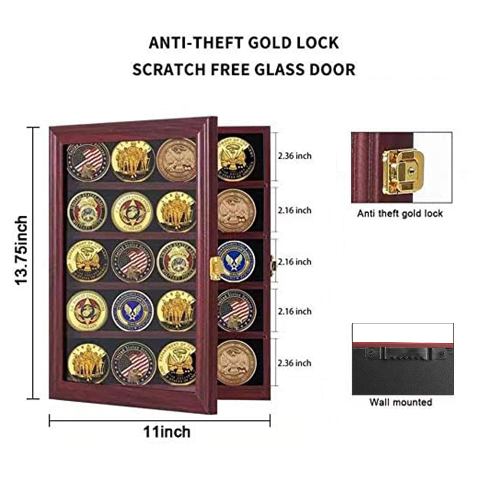 Jinchuan Military Challenge Coin Display Case Lockable Cabinet Rack Holder Shadow Box with Removable 2 Grooves Shelves and Anti Dust Door for Casino
