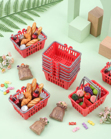 10PCS Mini Shopping Cart,Mini Shopping Baskets with Handles,Mini Target Shopping Basket,Plastic Red Shopping Baskets for Dollhouse Decoration Sundries