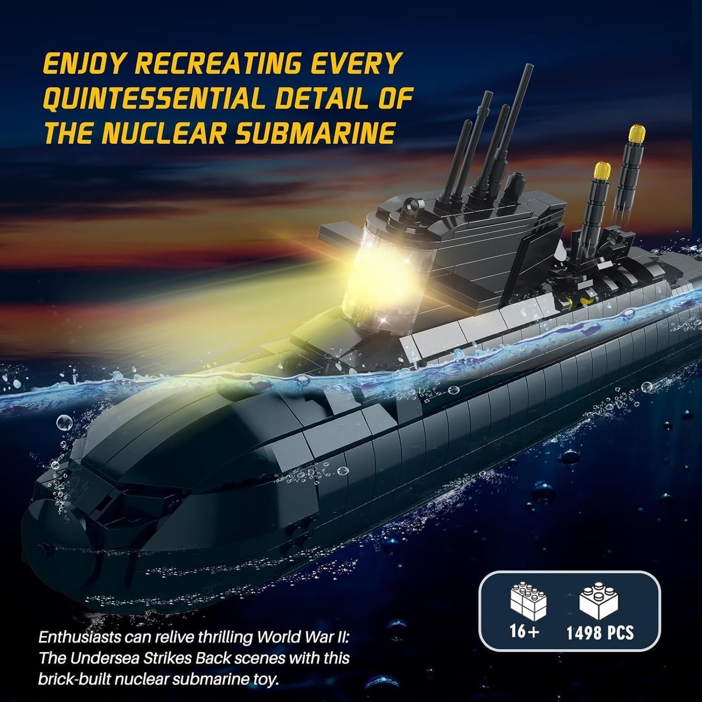 Amoyasite Nuclear Submarine Building Set, 1498 Pcs WWII Military Military Battleship Model with LED Lights, Display Stand, Home Office Decor