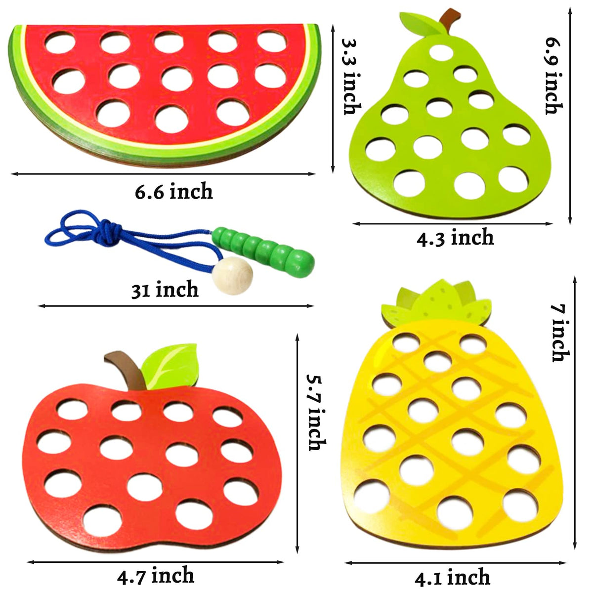 4 Pack Wooden Lacing Toy,Educational Threading Activity Puzzles,Learning Fine Motor Skill Travel Toy,Wooden Fruit Threading Set for Toddlers Kids 3 4