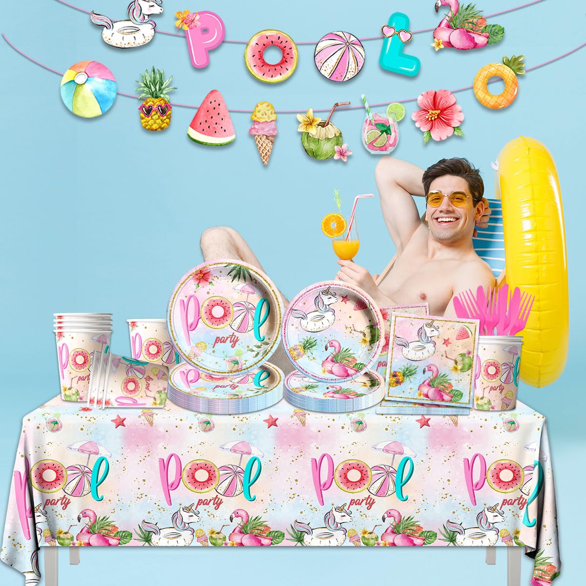 Pool Birthday Party Decoration,142Pcs Pool Party Tableware Plates,Napkins,Tablecloth Summer Flamingo Theme Table Decoration for Beach Birthday,Baby