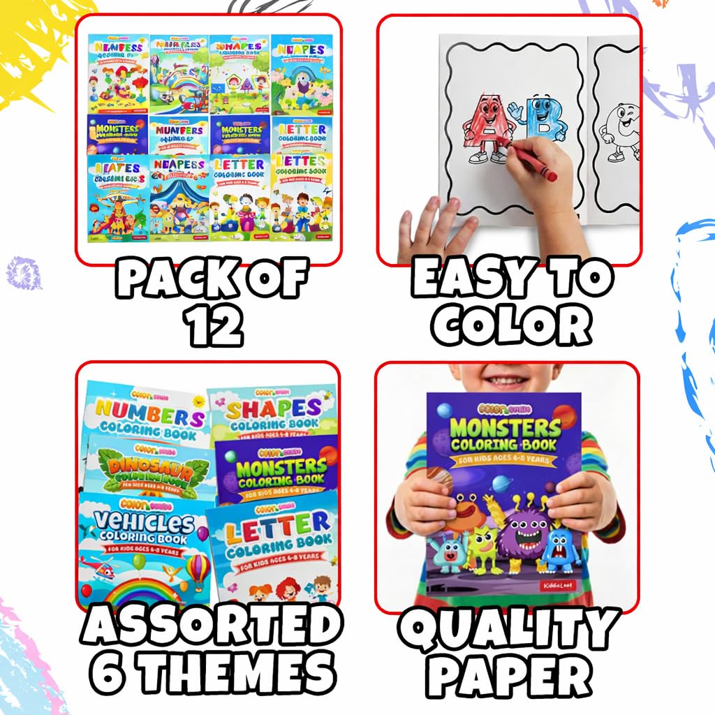 KiddieLoot Coloring Books for Kids Ages 4-8 - (Pack of 12) 8.5x11 Size Book w/Dinosaurs, Monsters, Vehicles, Alphabet, Numbers & Shapes - Kids