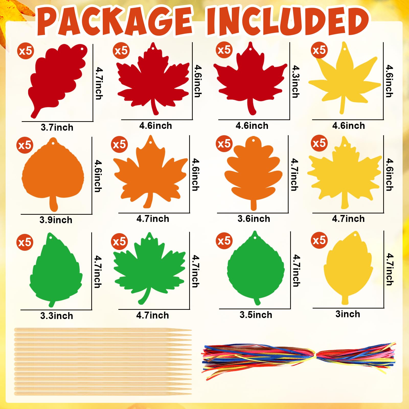 Sealmic 60 Packs Fall Scratch Art Harvest Rainbow Scratch Paper Art Set Thanksgiving Arts and Crafts Colorful Fall Leaves with Colored Ribbons Wooden