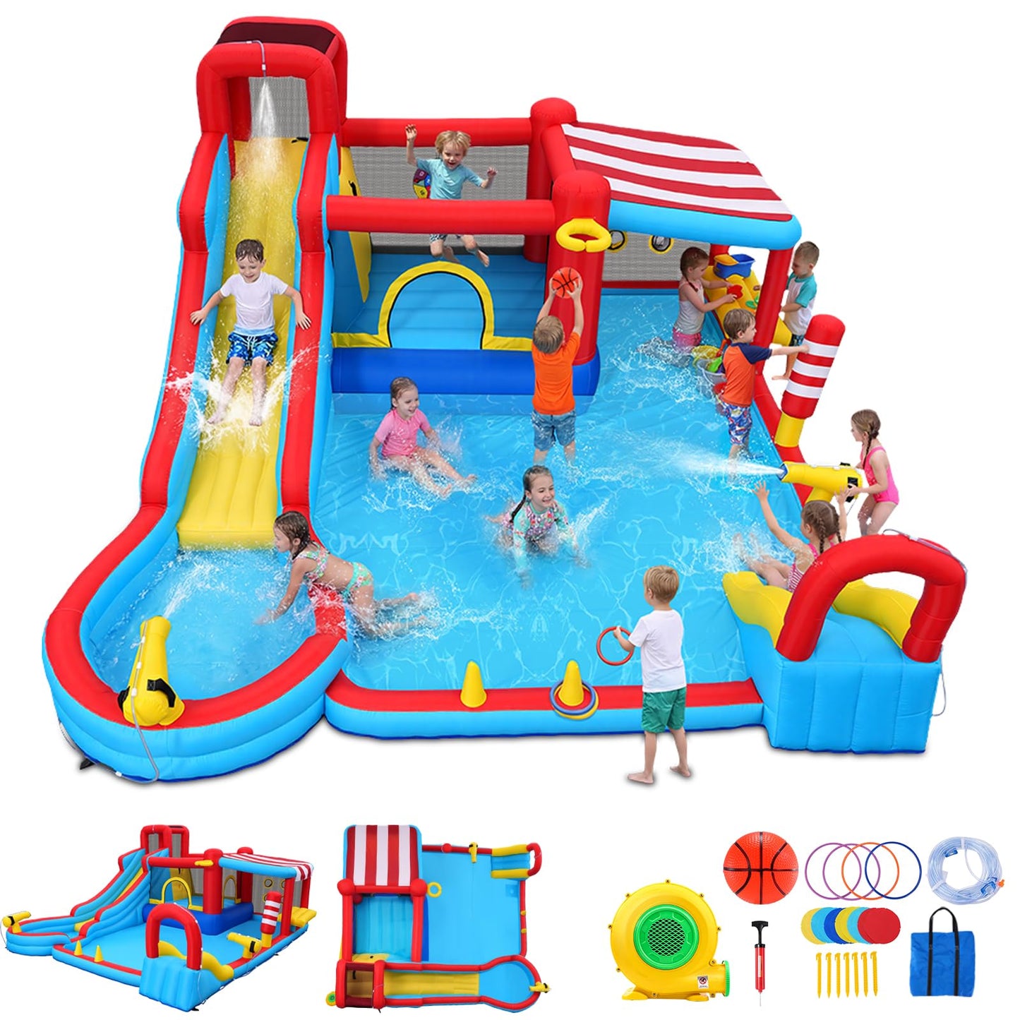 AKEYDIY Water Slide for Kids, 15-in-1 Inflatable Water Bounce House Backyard Snack Stand with Canopy, Waterslide with Long Slide & Large Pool for Kids