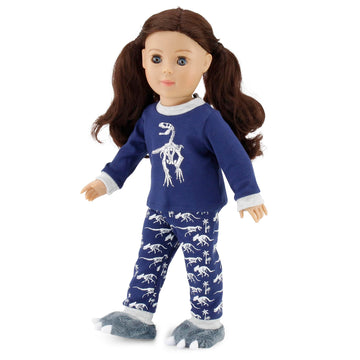 Emily Rose 18 Inch Doll Clothes - 3PC Blue Grey Dinosaur Doll Pajamas PJs Set with Slippers | American Girl Compatible | Gift Boxed - USA Brand