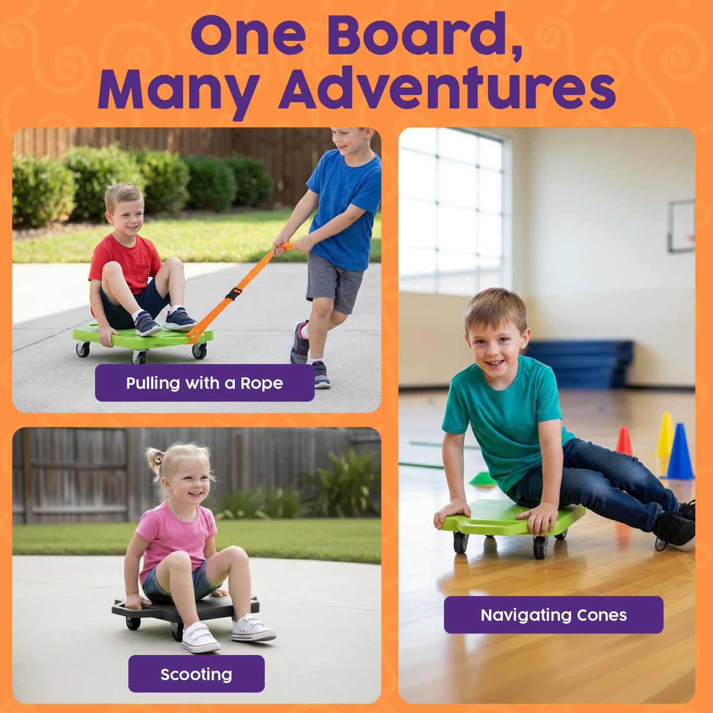 Hurtle Scooter Boards for Kids with Safety Handles, 2-Pack Heavy Duty Gym Floor Scooters with 360° Wheels for PE, Indoor Active Play, Support 200 lbs