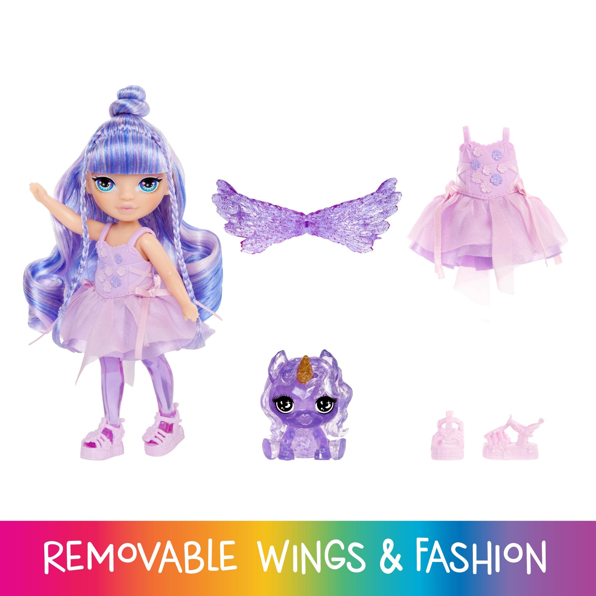 Rainbow High Littles Rainbow Fantasy Fairies + Pet - Amethyst, Purple 5.5" Posable Small Doll & Fantasy Pegasus Unicorn Pet with Interchangeable Fairy