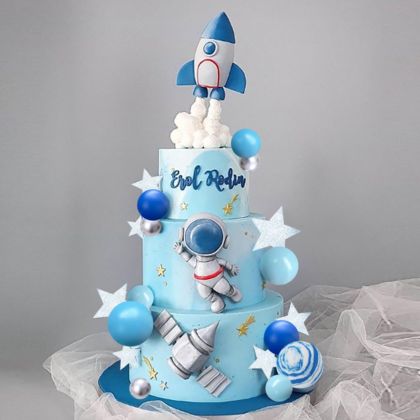 Clay Space Cake Toppers: Astronaut Figurines, Rocket Balls, Stars - Kids Space Theme Decorations for Birthday Party Supplies, Baby Shower