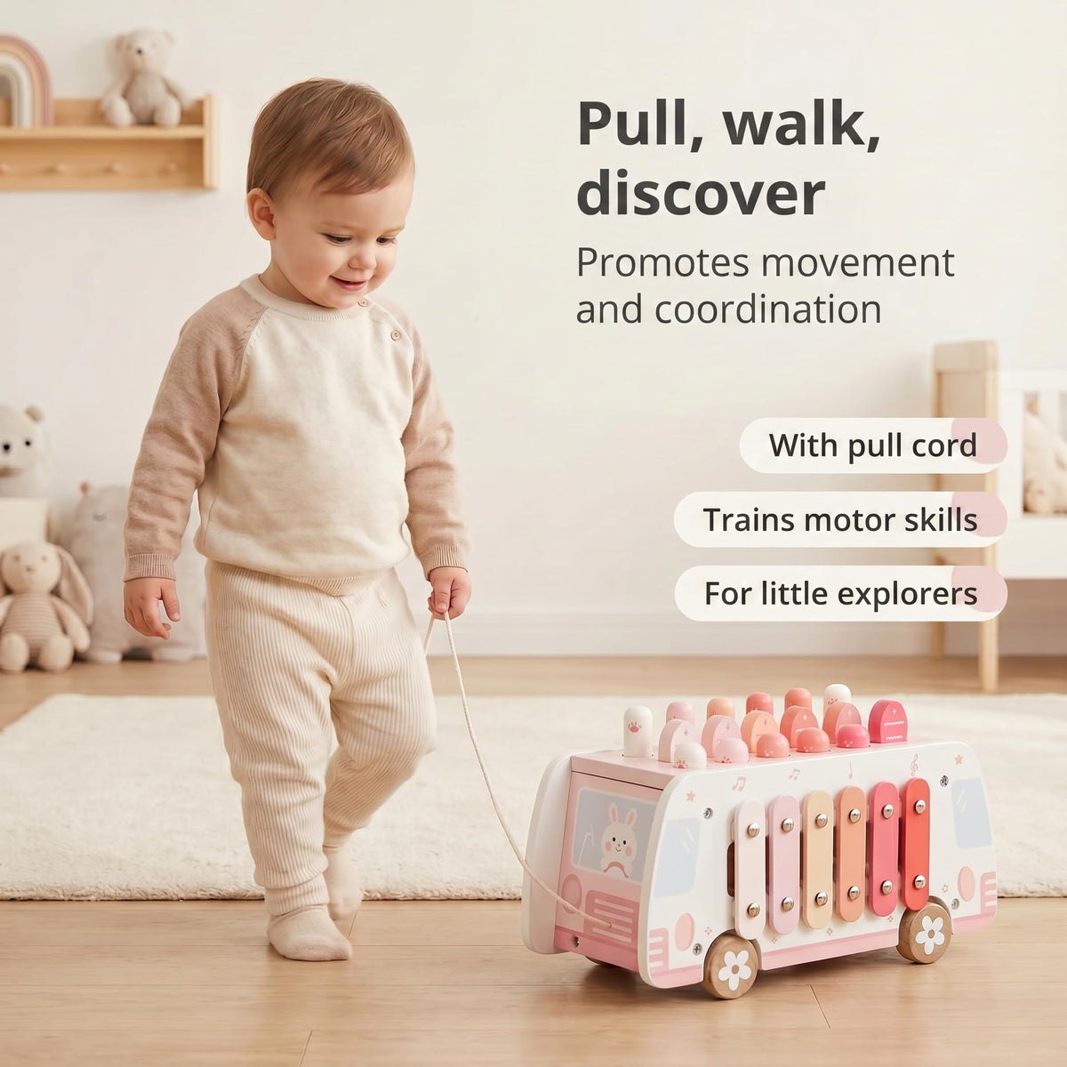 Thirrni 5-in-1 Wooden Montessori Toy for Toddlers 1-3, Pounding, Xylophone, Magnetic Fishing, Gear and Push Car Activity Toy for Learning and Fine