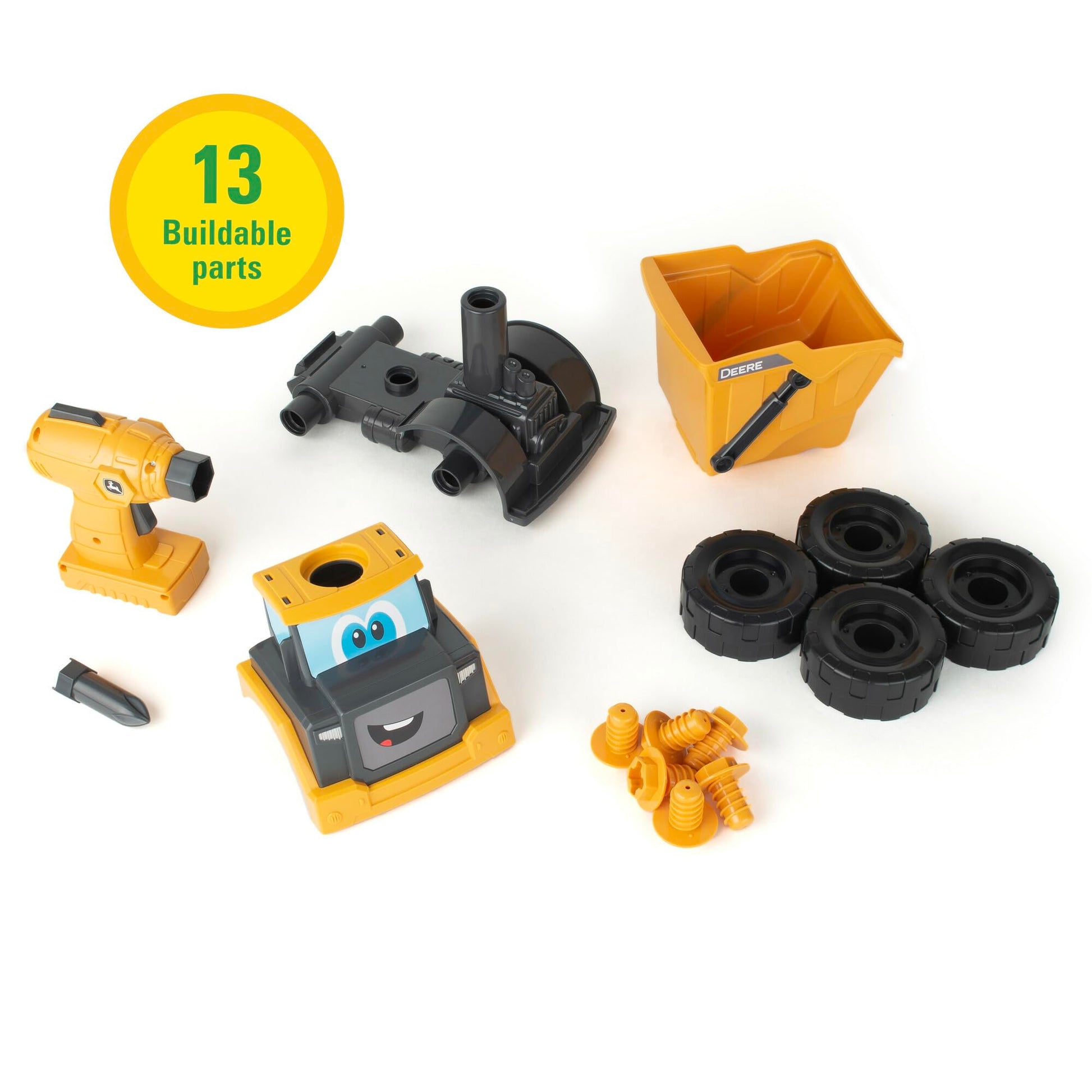 Build-A-Buddy John Deere Dump Truck Toy - Buildable Dump Truck Take Apart Toys with Toy Drill - AA Batteries Included - STEM Building Toys - Yellow