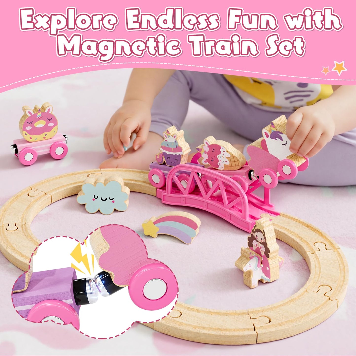 Lehoo Castle Wooden Train Set for Girls, Unicorn Train Set for Toddlers 2-4, Wooden Train Track with Storage Bag, Pink Train Fantasy Toys for 3 Year