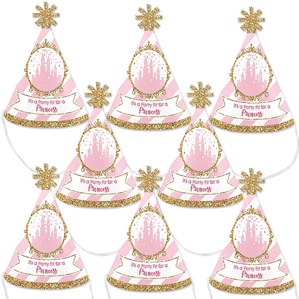 Big Dot of Happiness Little Princess Crown - Mini Cone Pink and Gold Baby Shower or Birthday Party Hats - Small Little Party Hats - Set of 8