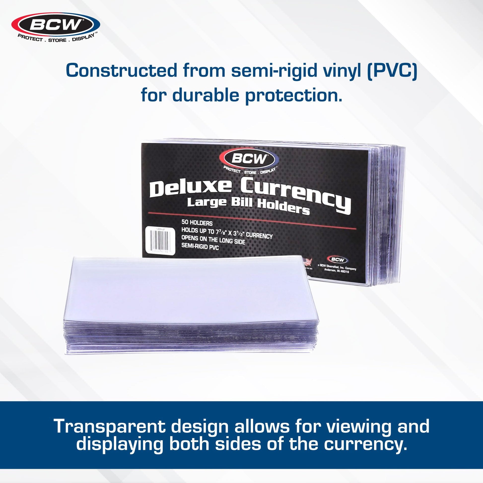 BCW Large Bill Deluxe Currency Holders - 50ct | Archival Safe Bill Protectors | High Clarity Double-Polished Clear Vinyl | for Collectors and