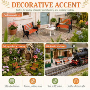 Miniature Park Bench Set 2-Pack - 1:16 Scale Brown Garden Seats with Realistic Detailing, Tiny Park Benches for Dollhouse and Fairy Garden