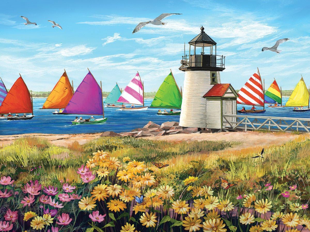 White Mountain 500 Piece Jigsaw Puzzle Summer Beach Sailboat, Rainbow Fleet