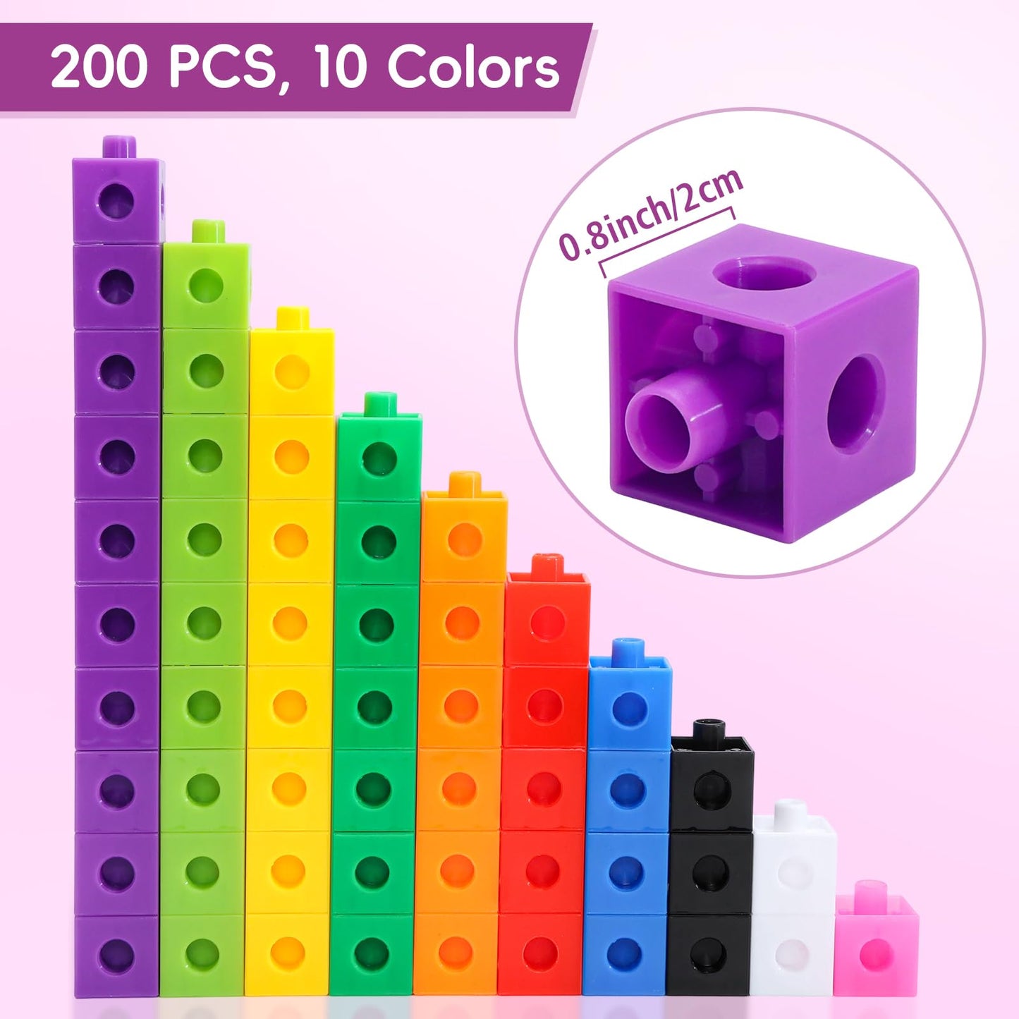 HSDAV 200 Pcs Math Linking Cubes - 10 Colors Connecting Counting Snap Blocks, Math Manipulatives for Early Math & Construction, Educational Toy