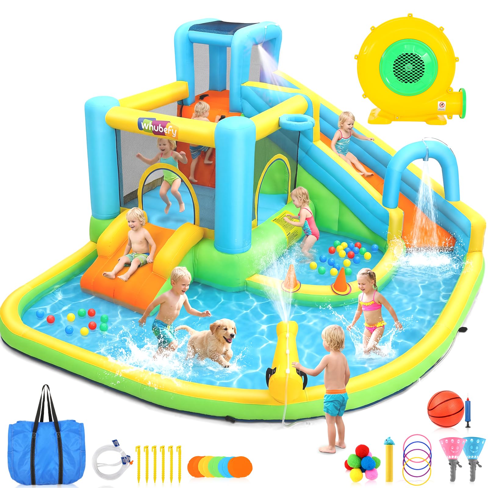 Whubefy Inflatable Bounce House Water Slide, 13 in 1 Mega Blow Up Water Park Bounce Castle - 550W Blower 2 Slides Dual Pool Jump Area Water Arche 5