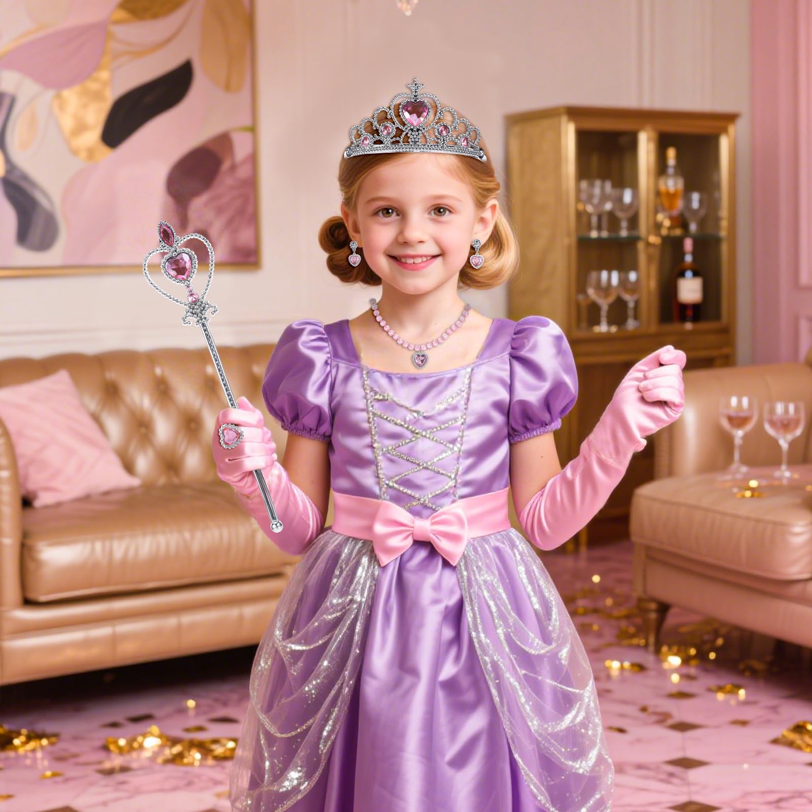 xieketn 9 Pcs Pink Princess Dress Up Accessories Set, Princess Crown Gloves Fairy Magic Wand for Halloween, Princess Jewelry with Glinda Wand
