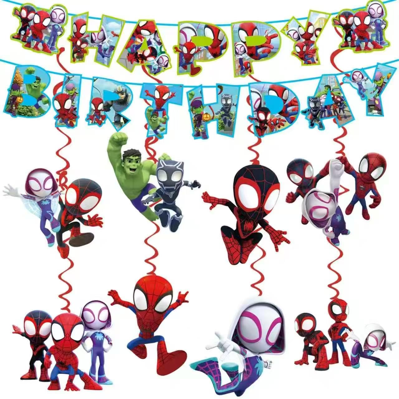 For Spide Happy Birthday Banner, Party Decoration With 8 Vortex Decorative Pendants