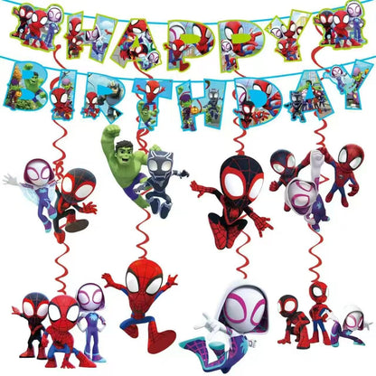 For Spide Happy Birthday Banner, Party Decoration With 8 Vortex Decorative Pendants