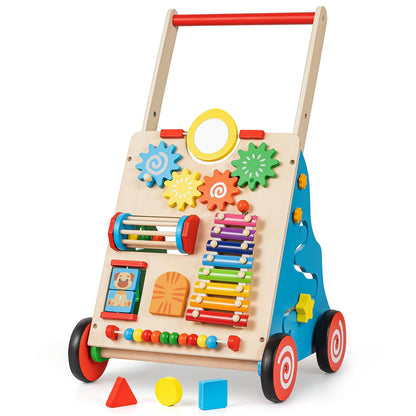 HUZU Wooden Baby Walker with Wheels, Montessori Push and Pull Activity Center for Toddlers, Adjustable Height & Speed, Learning Toy for 6-12 Months