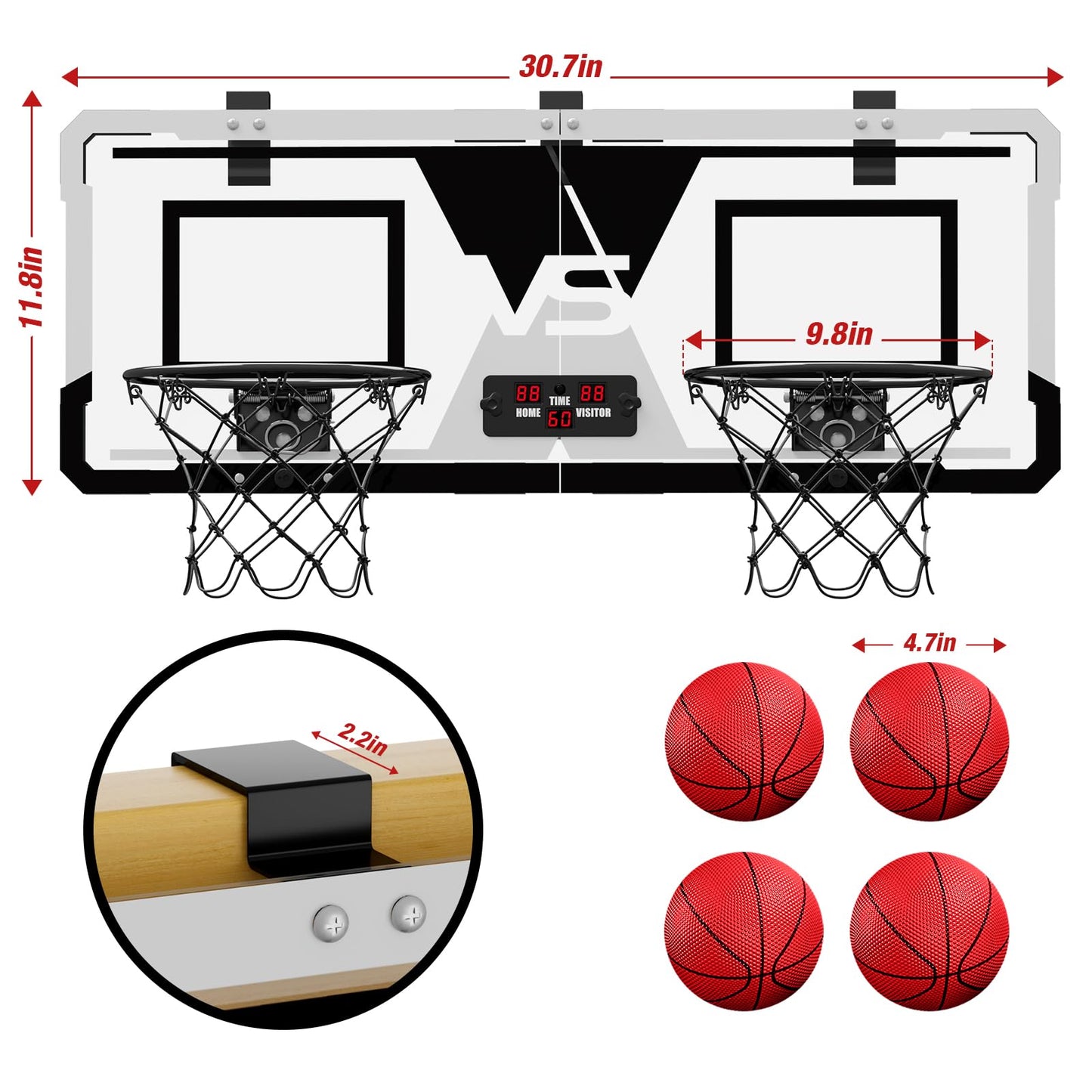 HYES Dual Shot Over The Door Mini Basketball Hoop Indoor with Scoreboard