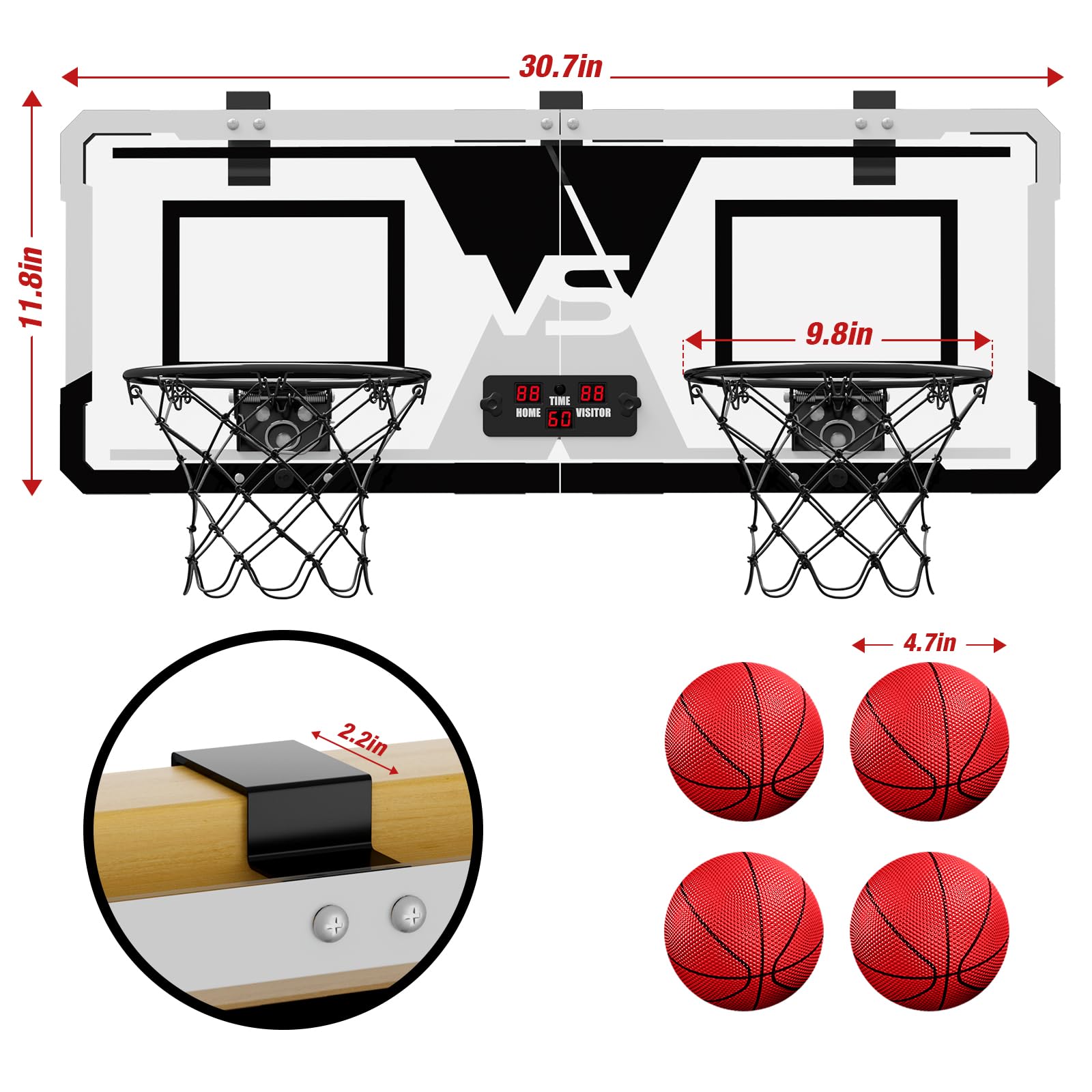 HYES Dual Shot Over The Door Mini Basketball Hoop Indoor with Scoreboard
