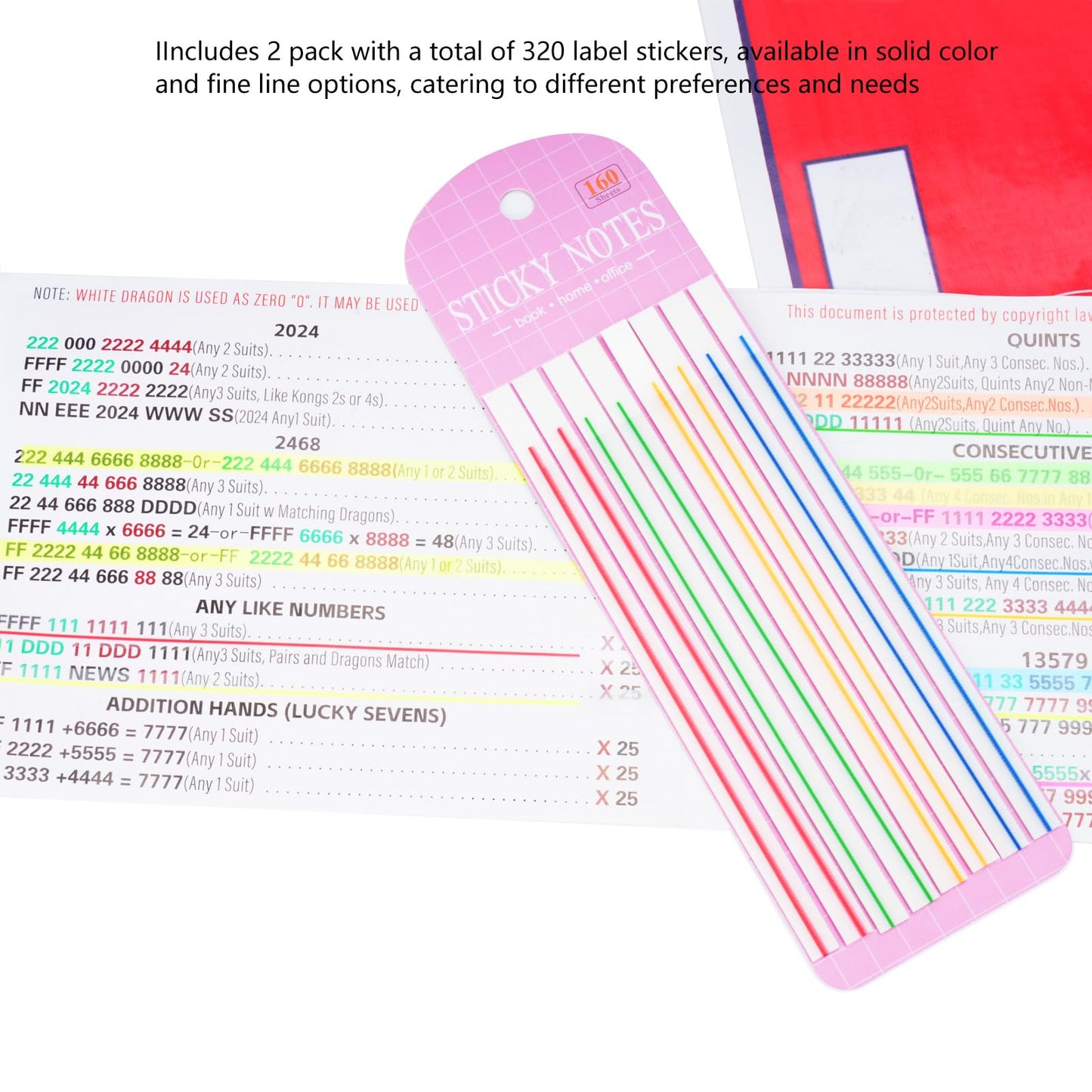 Zynoro Transparent Mahjong Line Finder Notes, for Players, Beginner Rule Reader & Strategy Assistant,No Adhesive Residue and Bright Writable