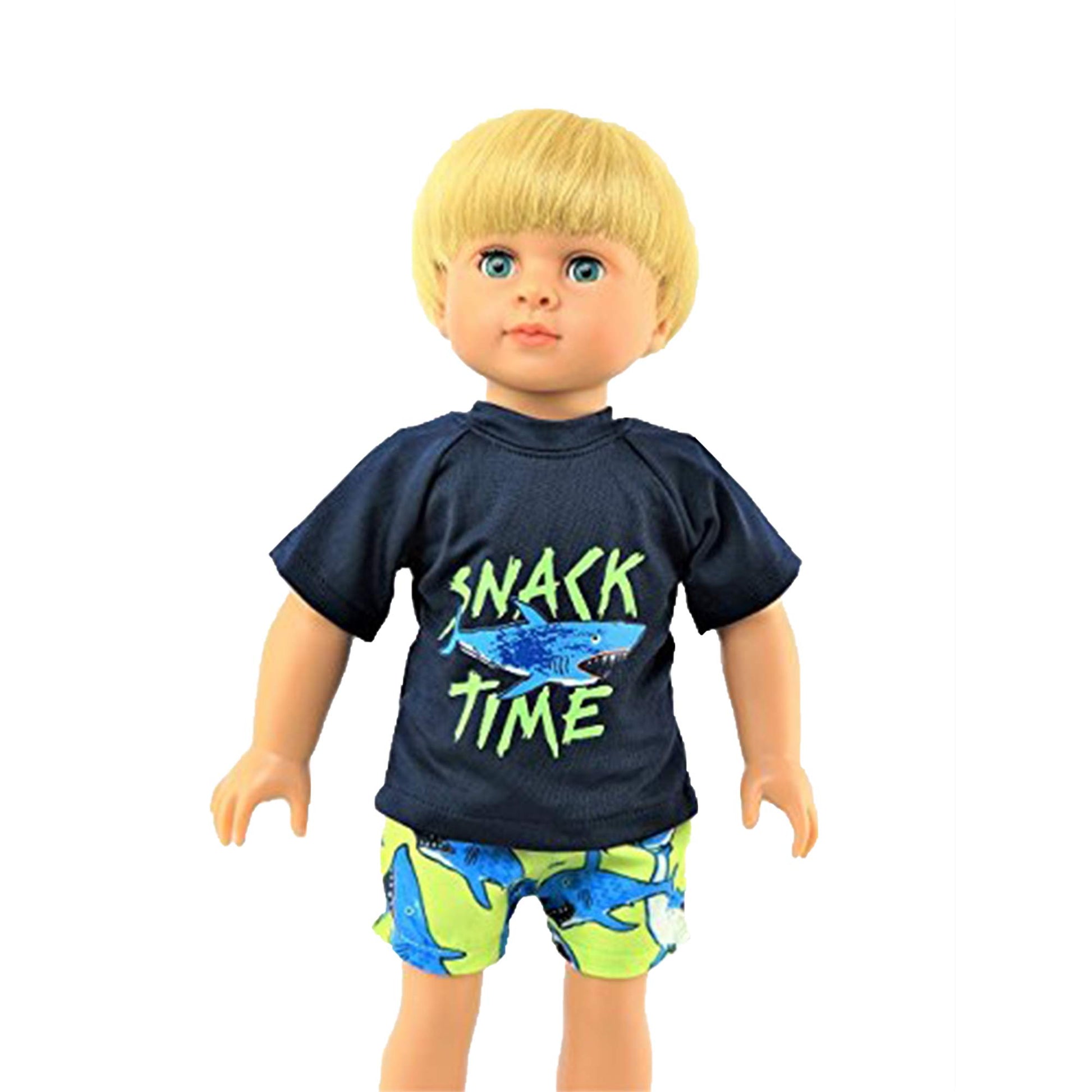 American Fashion World Boy’s Shark Snack Time Rash Guard and Swim Trunk for 18-Inch Dolls | Premium Quality & Trendy Design