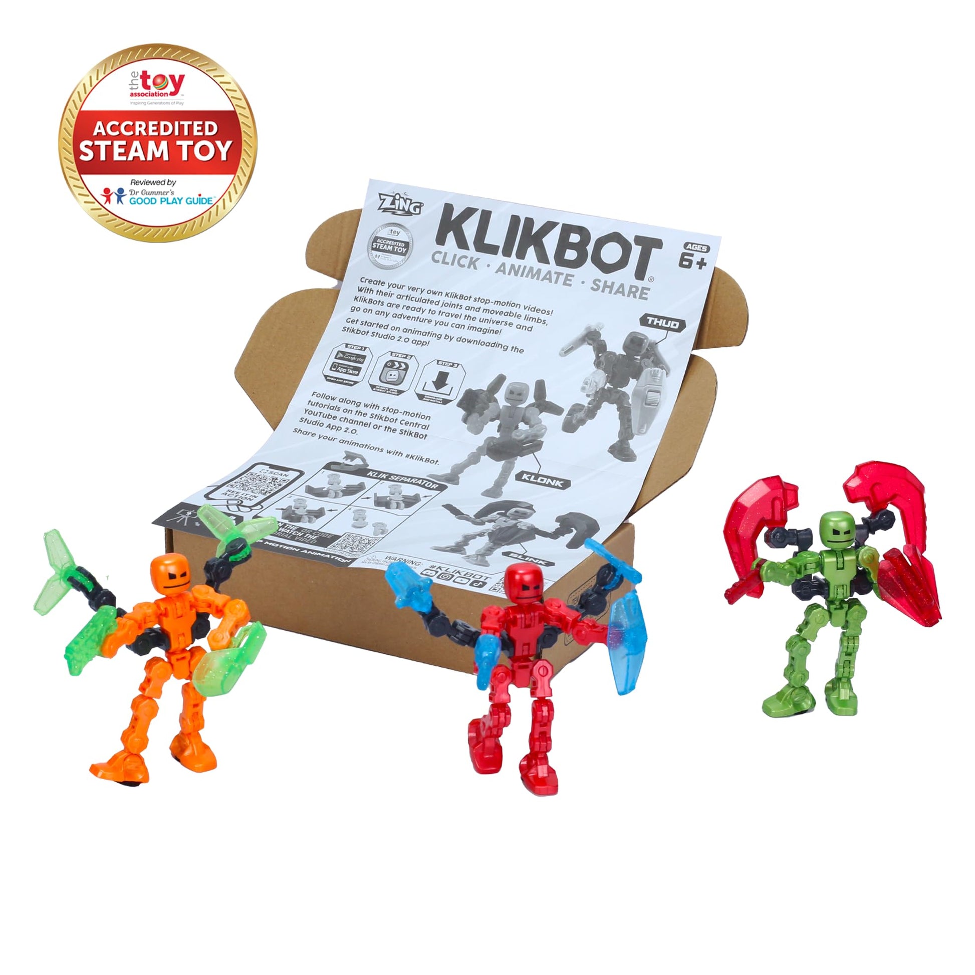 Zing KlikBot Defenders 3-Pack - Metallic Color Poseable Action Figures with Glitter Clear Accessories & Suction Cups, Stop-Motion Animation Toy