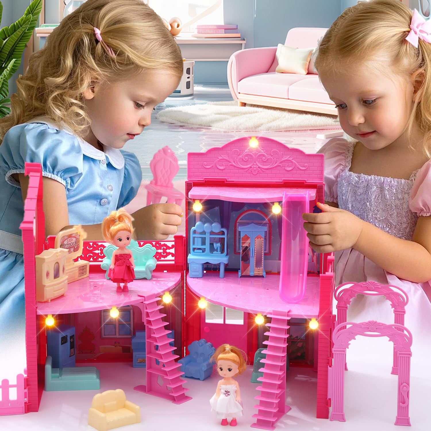 BRAITEN Doll House, with 4 Rooms, 2 Dolls, Toy Furniture Accessories, Pet Play Area?Slide Dollhouse Dlayset, Dollapsible Portable Playhouse