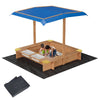 Wooden Sandbox with Cover/Lid & Retractable Canopy, 2 Side Buckets & Drainage Liner - Weather-Resistant Outdoor Sand Box for Kids/Toddler/Childrens