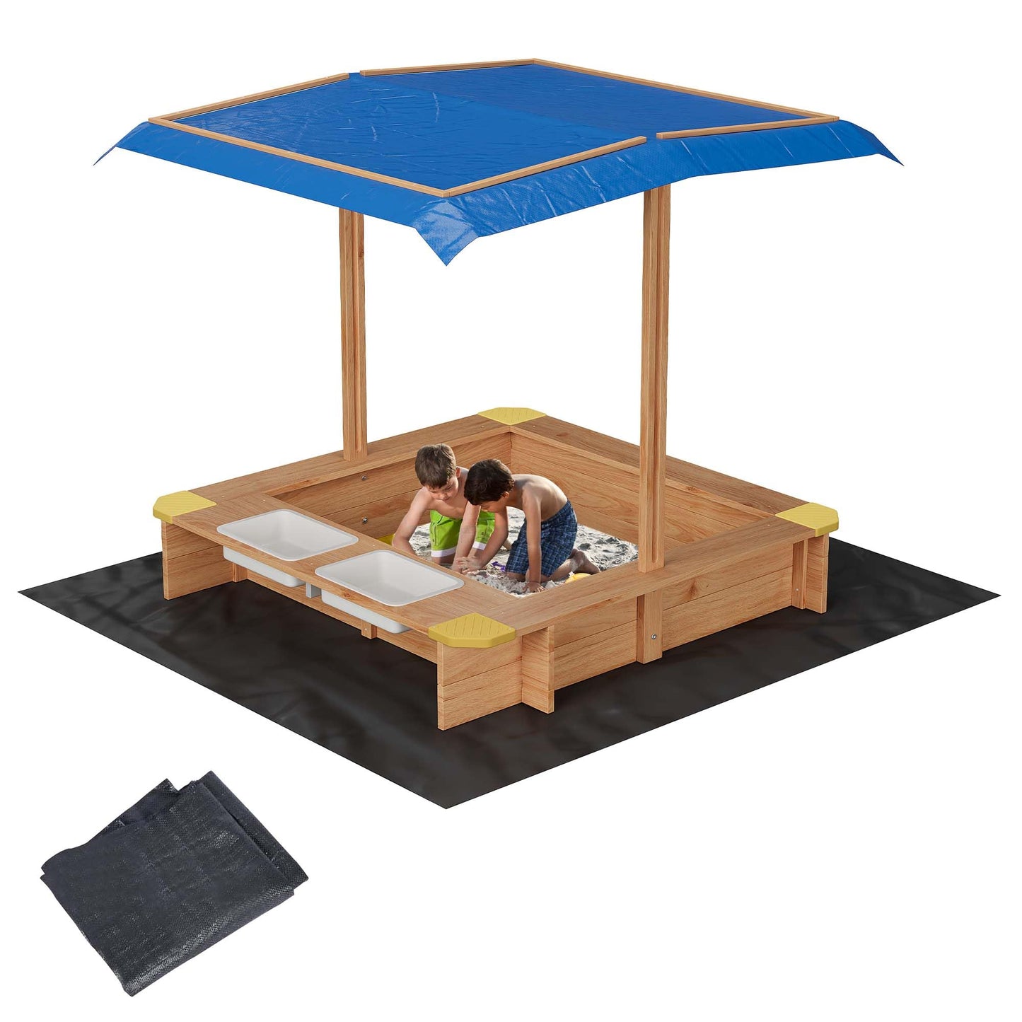 Wooden Sandbox with Cover/Lid & Retractable Canopy, 2 Side Buckets & Drainage Liner - Weather-Resistant Outdoor Sand Box for Kids/Toddler/Childrens