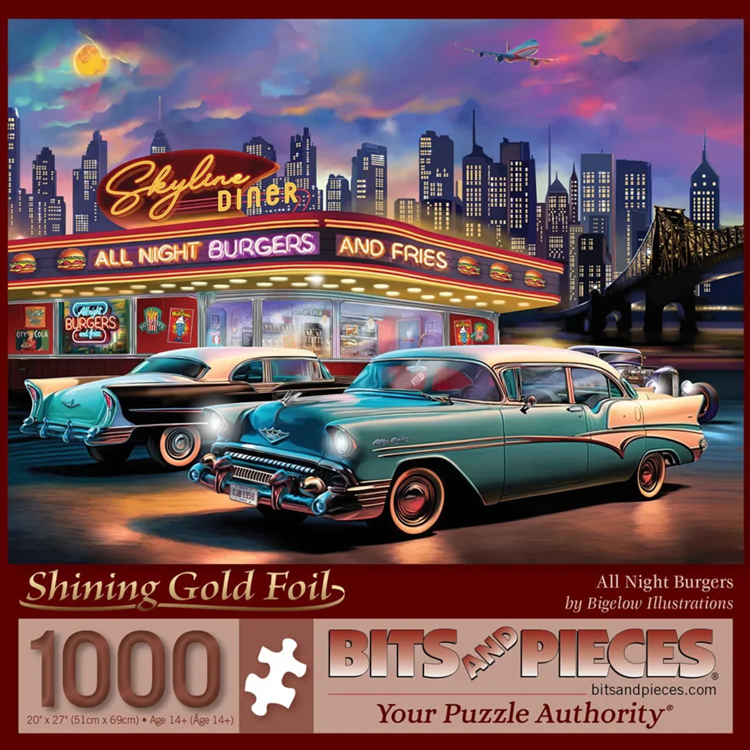 Bits and Pieces 1000 Piece Puzzles for Adults - Gold Foil All Night Burgers - Large 20" x 27" Jigsaw Puzzles 1000 Pieces Gold Foil 1950s Retro Cars