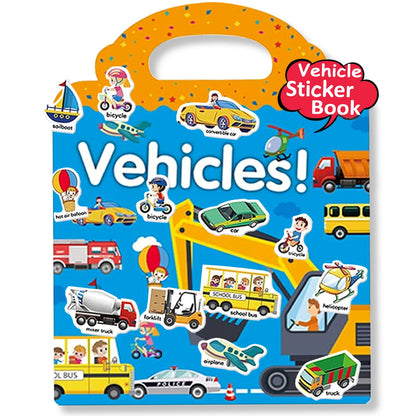 Reusable Sticker Books for Kids, Travel Removable Toddler Vehicle Sticker Books for 3 4 5 Year Old Girls Boys Birthday Gifts Educational Learning Toys