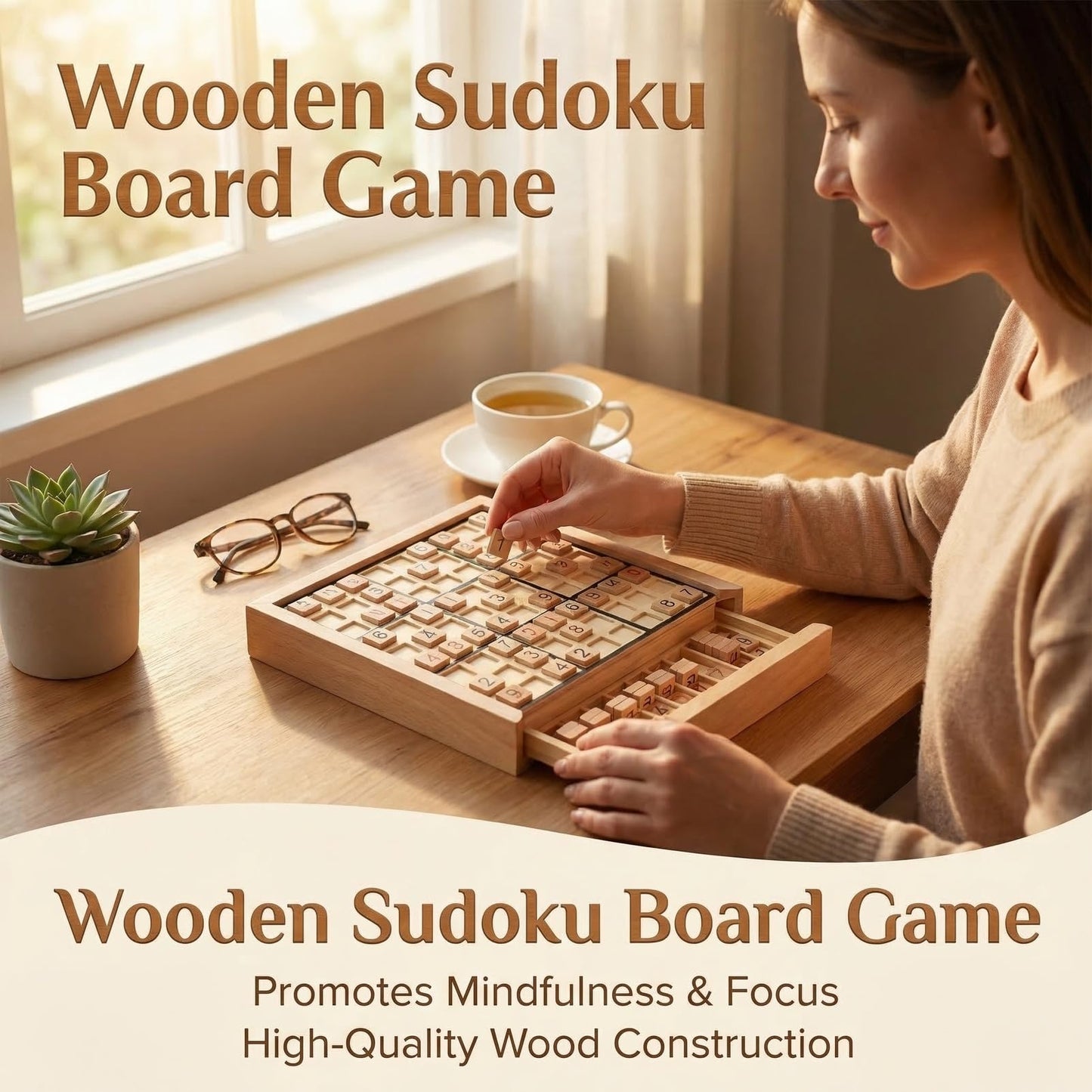 Wooden Sudoku Puzzle Board with Drawer, 200 Puzzles Brain Teaser for Adults, Logic Math Puzzle Desktop Game for Thinking Ability