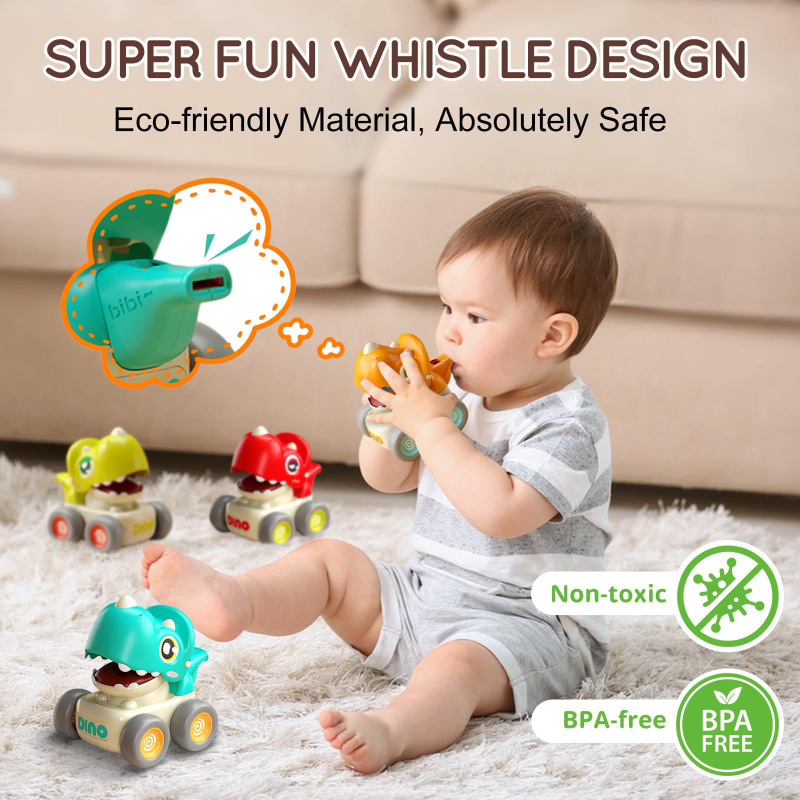 TnLoji Dinosaur Racing Cars for Toddlers 1-3, Baby Press and Go Car Toys, Infant Play Vehicle Set with Whistle, Baby Push Go Friction Car Toys