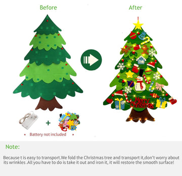 izosen Felt Christmas Tree for Kids Wall with Led String Light, 3Ft Wall Hanging DIY Felt Christmas Tree & 32 Felt Detachable Ornaments for Boys Girls