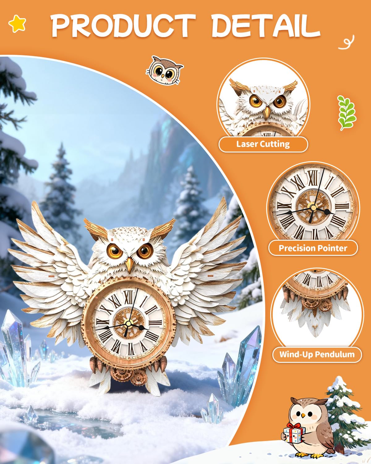 3D Wooden Puzzles for Adults Snowy Owl Design Clock Model Kit with Pendulum